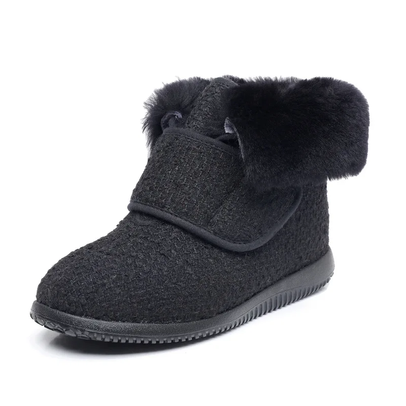 Winter Padded Warm Girls High Boots Fashion Wider Fat Face Opened Sheepskin Wool Collar Cotton Shoes For Diabetes