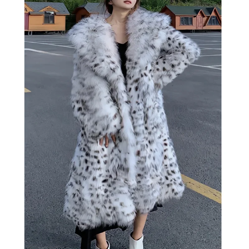 9XL Women Big Neck Coat Faux Fox Fur Long Trench Winter Thick Keep Warm Dot Leopard Streetwear Loose Thick Cardigan Overcoat