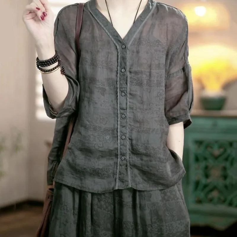 

High End Chinese Style Cotton Linen Womens Two Piece Sets Summer New Retro Slimming Top+Wide Leg Pants Set Plus Size
