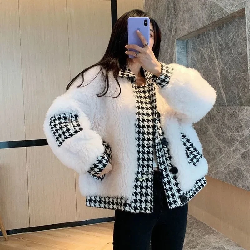 

Winter New Lamb Wool Stitching Houndstooth Jacket Women's Overcoat Thicke With Cotton Warm Parker Coat Loose Korean Woolen Coats