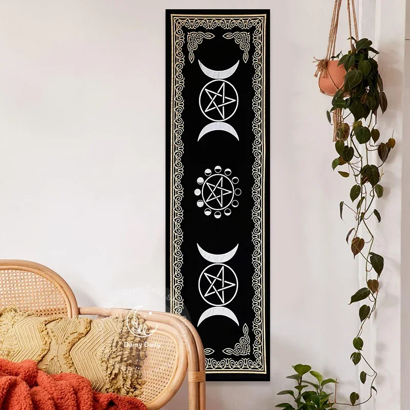 Witchcraft Moon Phases Tapestry Wall Hanging Triple Moon Black Room Decor Vertical Mystical Symbols Tarot Boho Dorm Home Decor