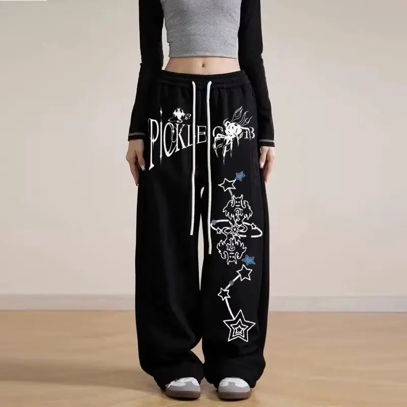 Spring and Autumn Women's 2024 New Splicing Elasticized High-waiste Printed Pocket Fashion Loose Casual Straight Leg Floor Pants