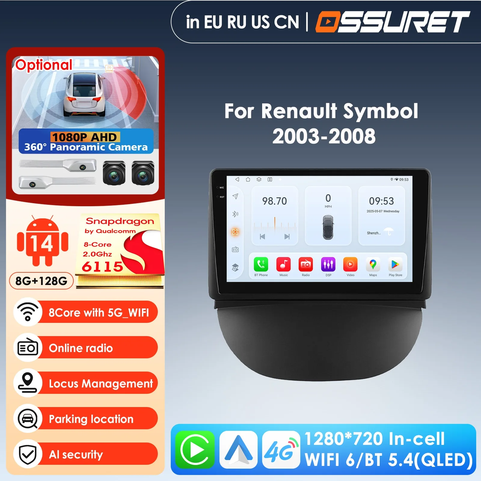 

Аудио 9-дюймовый беспроводной Carplay Android Auto автомобильный мультимедийный плеер для Renault Symbol 2003-2008 Carplay 4G Autoradio 360 ° Камера