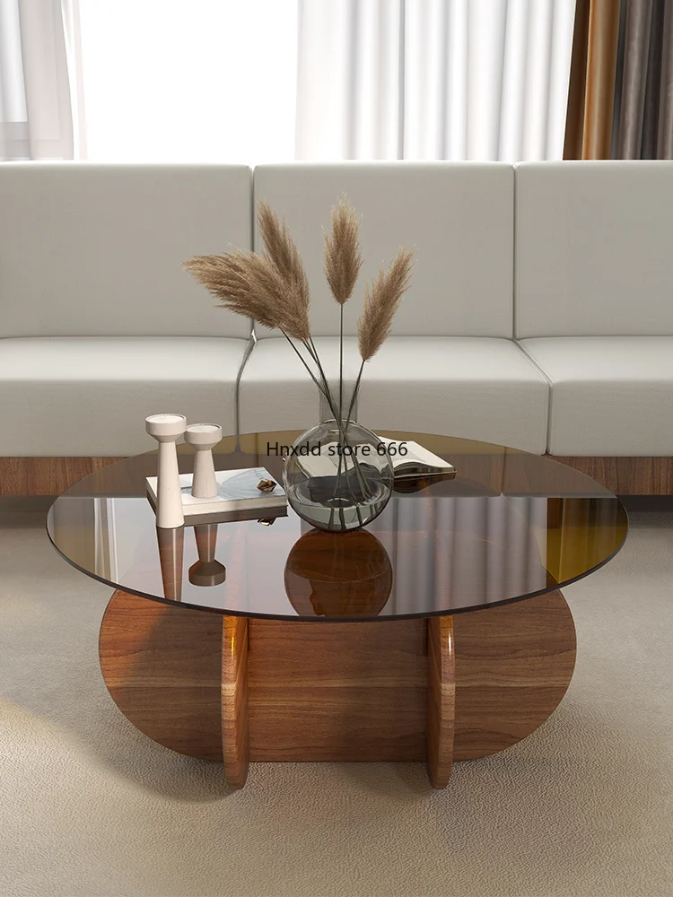 yj Brown round Tea Table Light Luxury Modern Simple Tempered Glass Tea Table Simple Ins Style