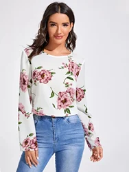 Ladies Floral Print Crew Neck Casual Long Sleeve Blouse Women Tops Shirts