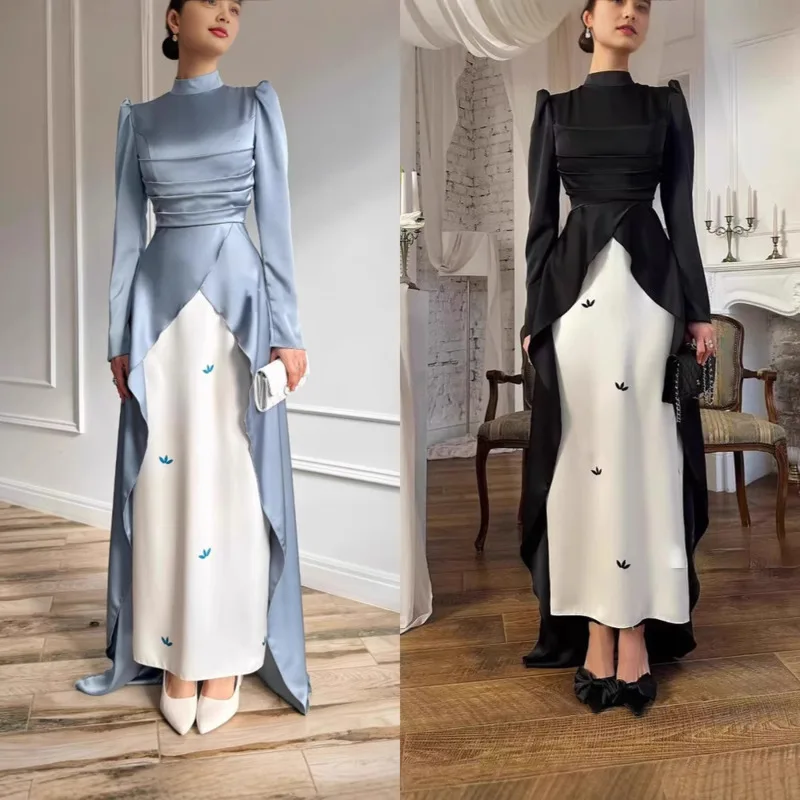 

Elegant Two Tone Floor Length Dress With Train Slim-Fit Modest Long Sleeve Gown Chic Women’s Classy Party Wedding Guest Dresses