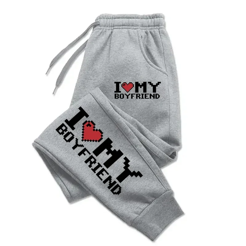 

Мужские и женские брюки с принтом «Я люблю своего бойфренда», теплые спортивные брюки с карманами, спортивная мужская одежда, леггинсы, уличные спортивные штаны для пары