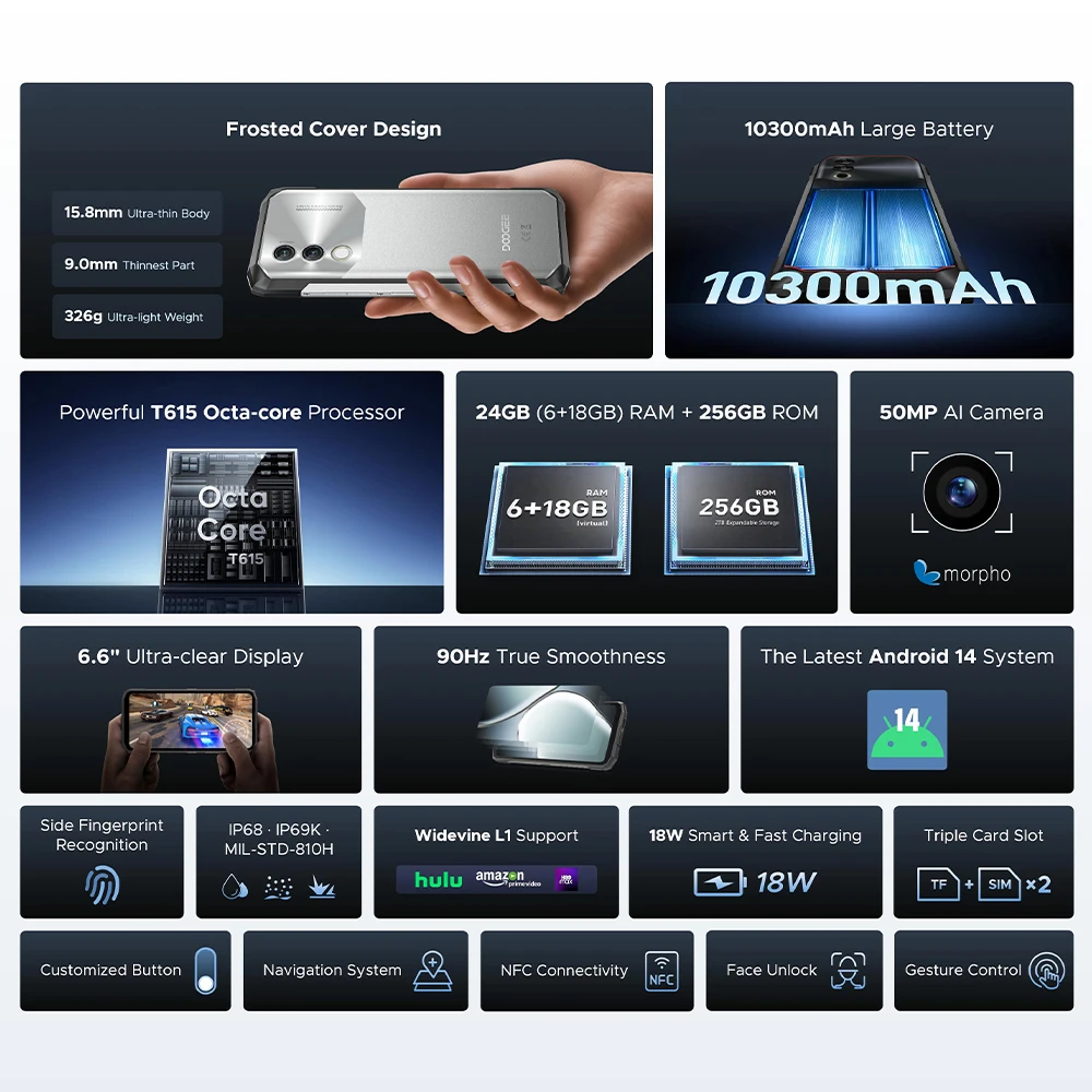 Global Version DOOGEE Blade10 Power Rugged Phone 10300mAh 6GB+256GB 6.6'' HD+ 90Hz IPS Screen 50MP AI Main Camera Android 14