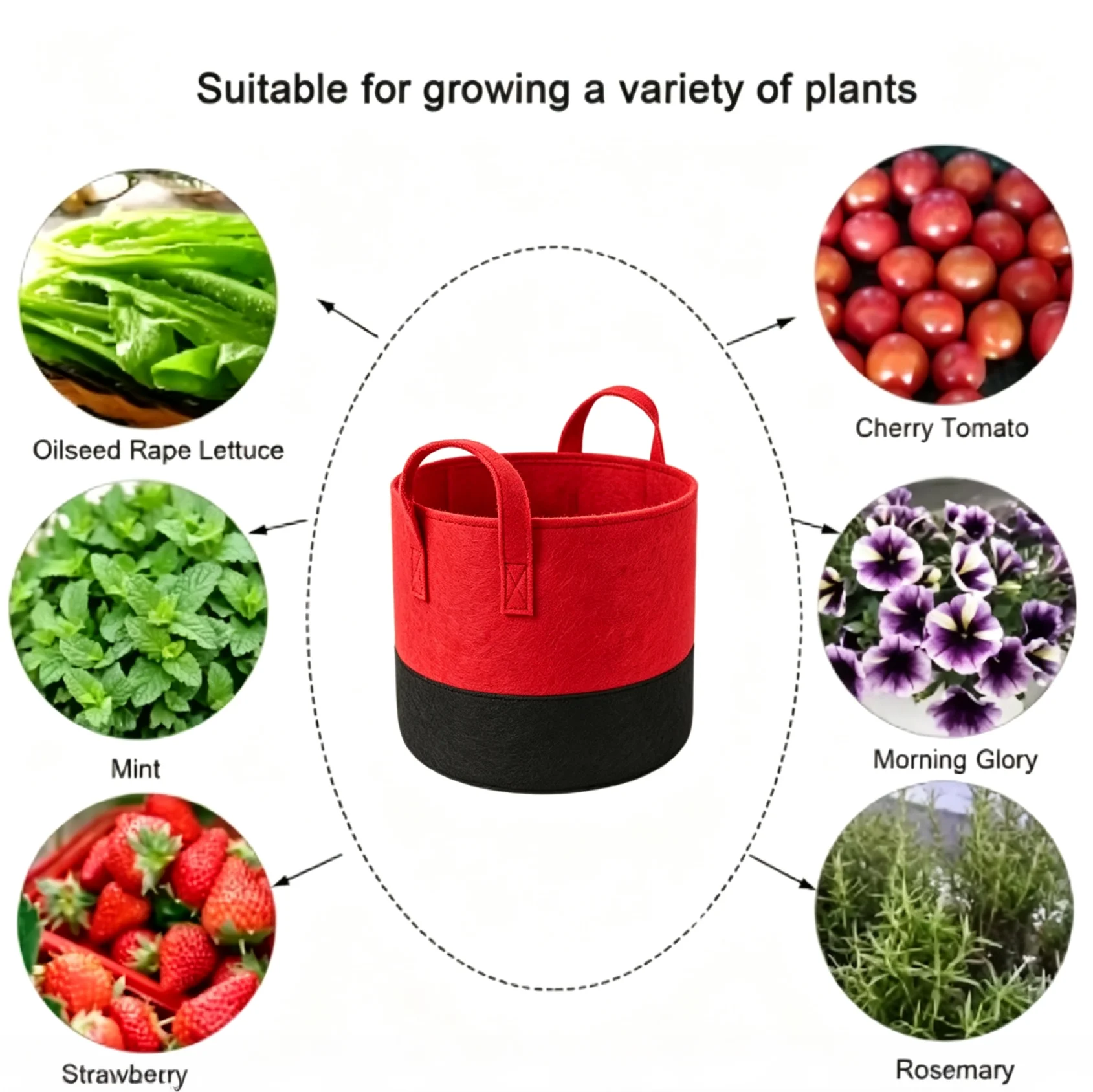 SPONDWILD Felt Grow Bag with Reinforced Handles, Two Tone Red & Black Aeration Fabric Planter Pot for Vegetables, Herbs & Flower