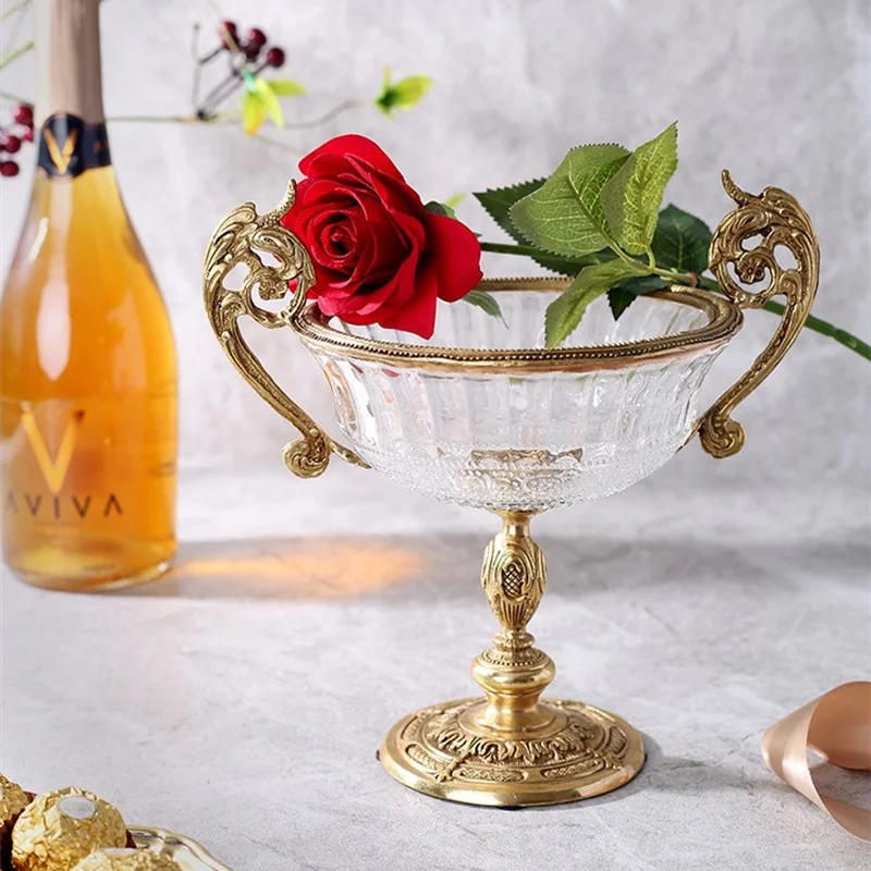 Brass Crystal Glass Fruit Bowl Binaural Fruit Plate Decorative Bowl Snack Tray Salad Bowls Cake Pan Dessert Plate Dim Sum Dish