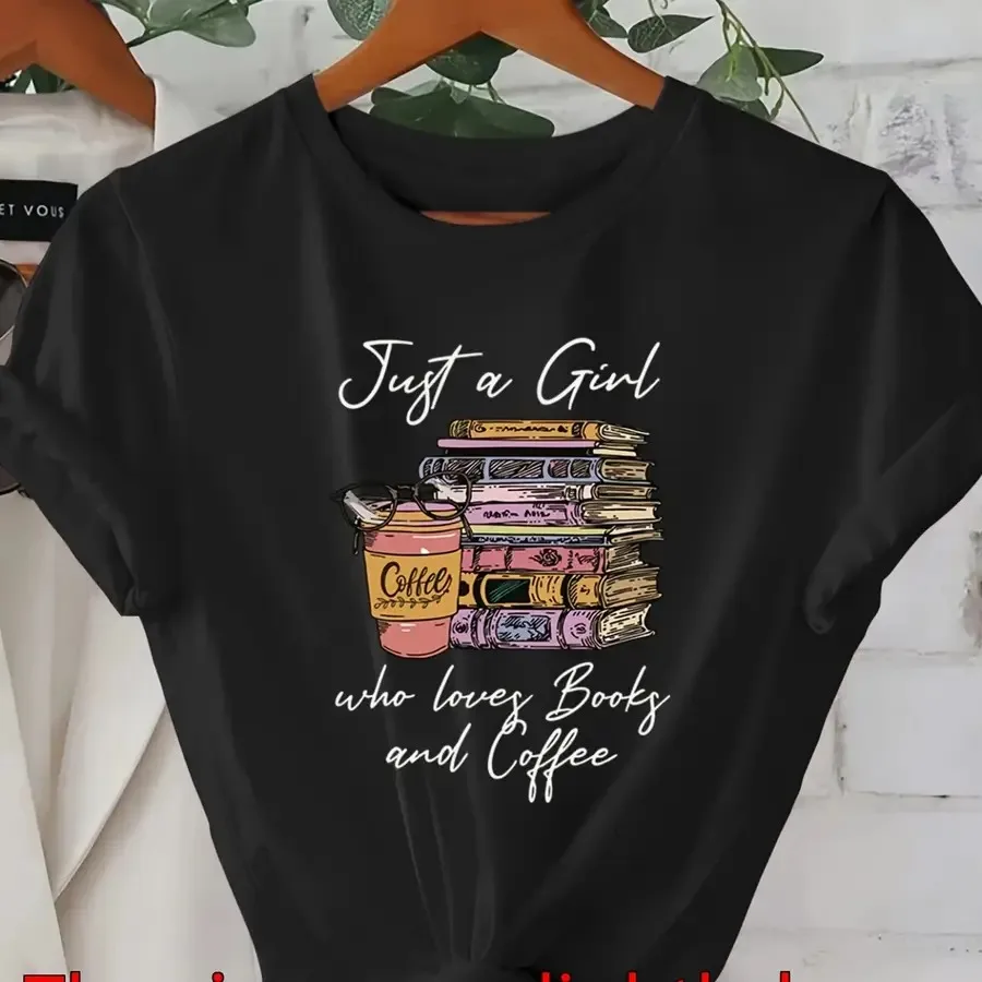 Women'S Casual Short Sleeve Graphic T-Shirt Just A Who Loves Books and Coffee Print Vibrant Pink Lightweight Summer Tee Machine