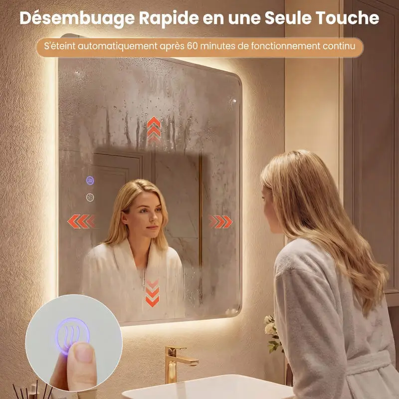 Miroir de salle de bain 70x50cm avec éclairage, verre trempé mural, anti-explosion, avec 3 températures de couleur, anti-buée, argenté