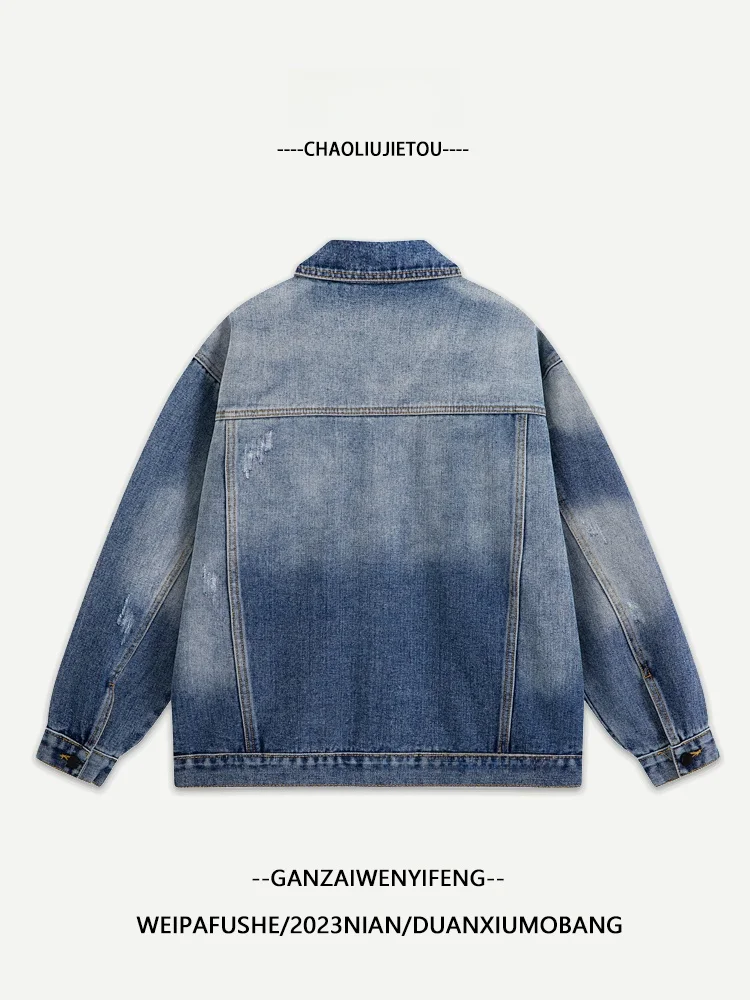 قسط يشعر الرجال الدنيم Jaet ربيع الخريف الأمريكية الرجعية التطريز فضفاض Haome القطن الجينز Jaet ملابس خارجية