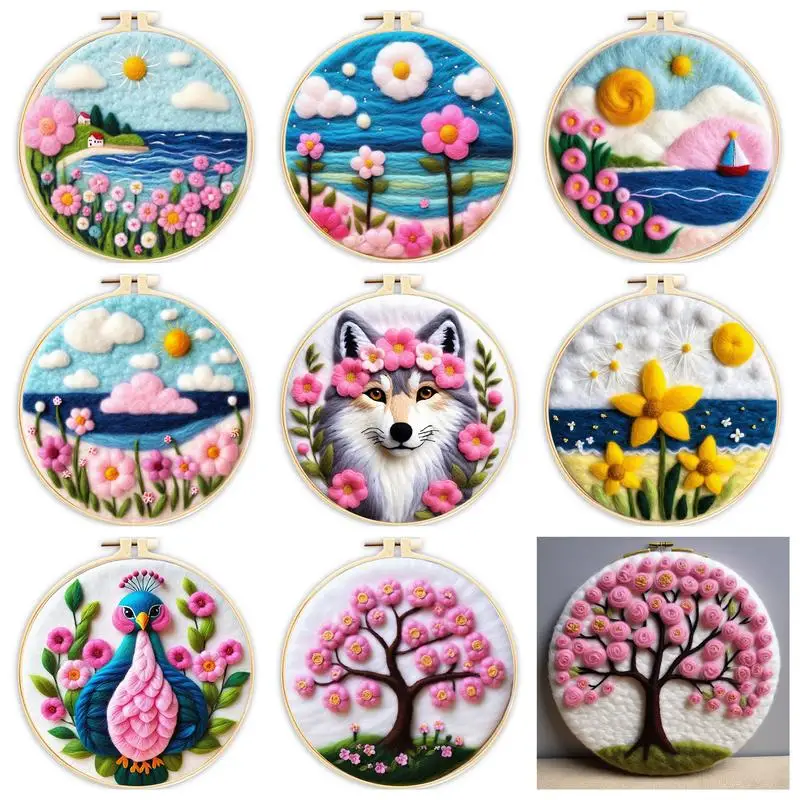 Seaside Flowers Diy Needle Felting Kit Wool Felt Craft Set For Beginners Includes Embroidery Hoop Felt Cloth Foam Pad Needles