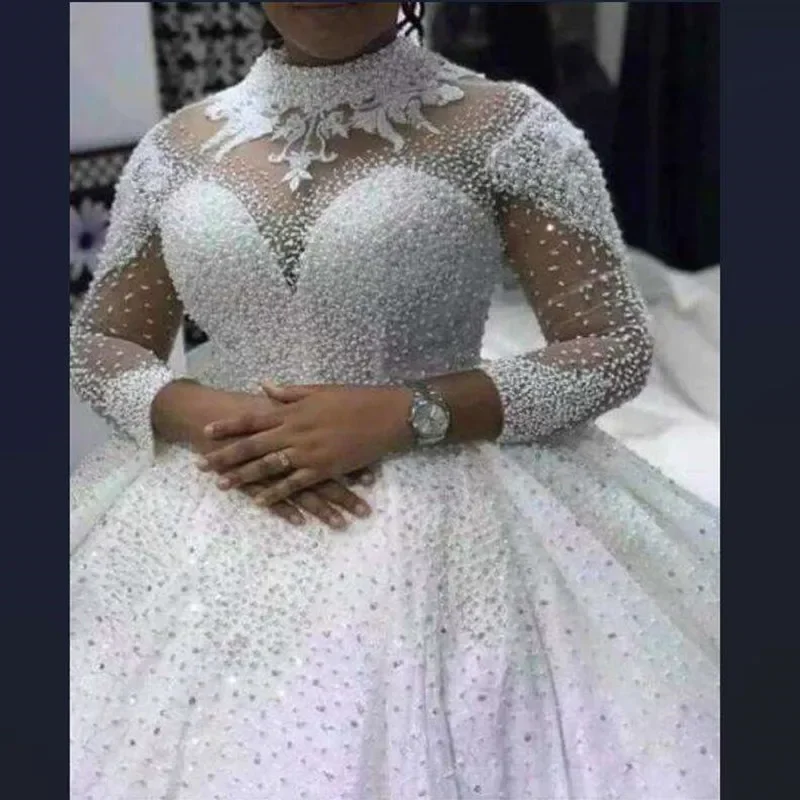 Customized High Neck Full Pearls Beads Wedding Dress Robe De Mariée African Illusion Full Sleeves Ballgown Puffy Bridal Gowns