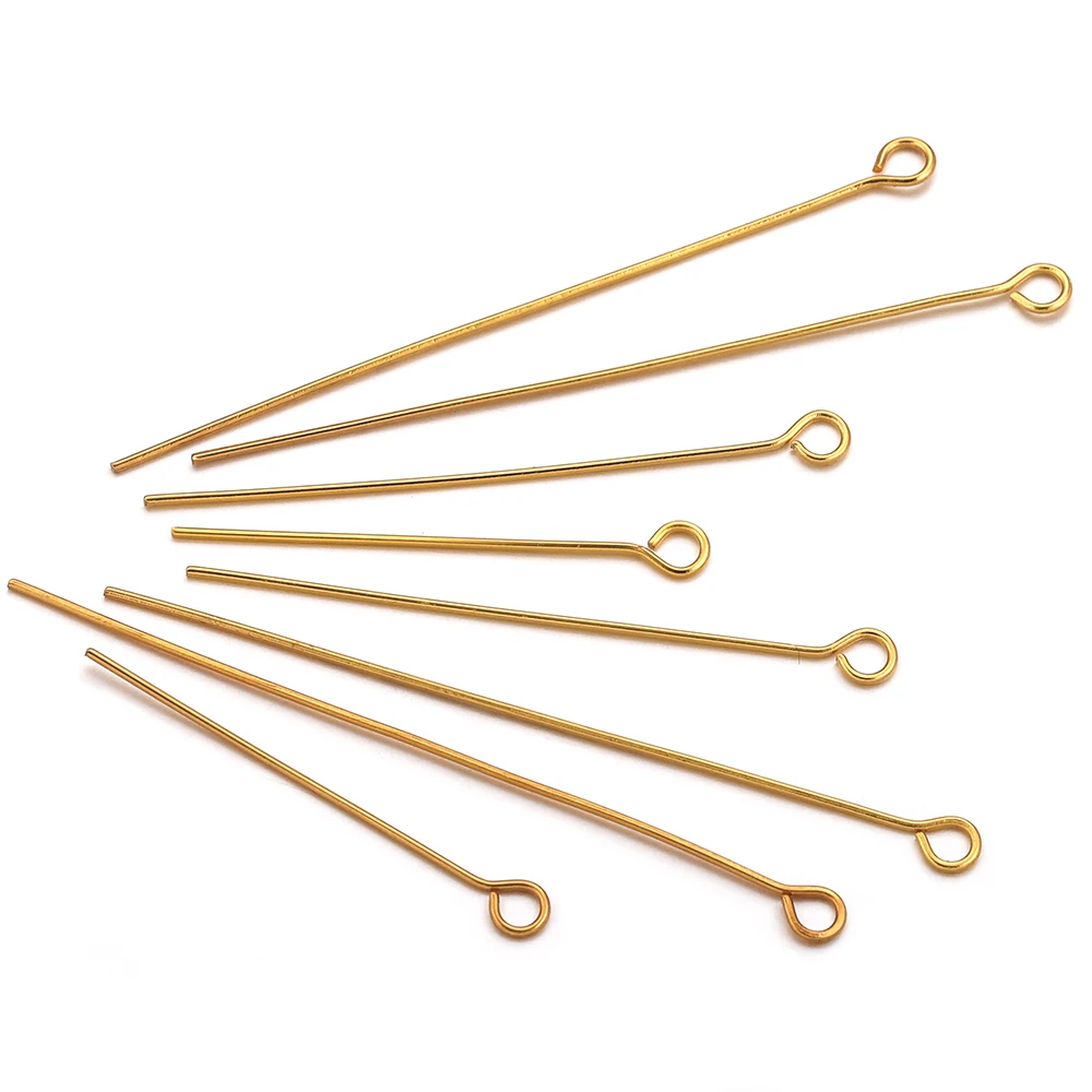 Aço inoxidável banhado a ouro Headpins, Eye Pins Acessórios, DIY Handmade Jóias Fazendo Suprimentos, Artesanato Atacado, 100 Pcs