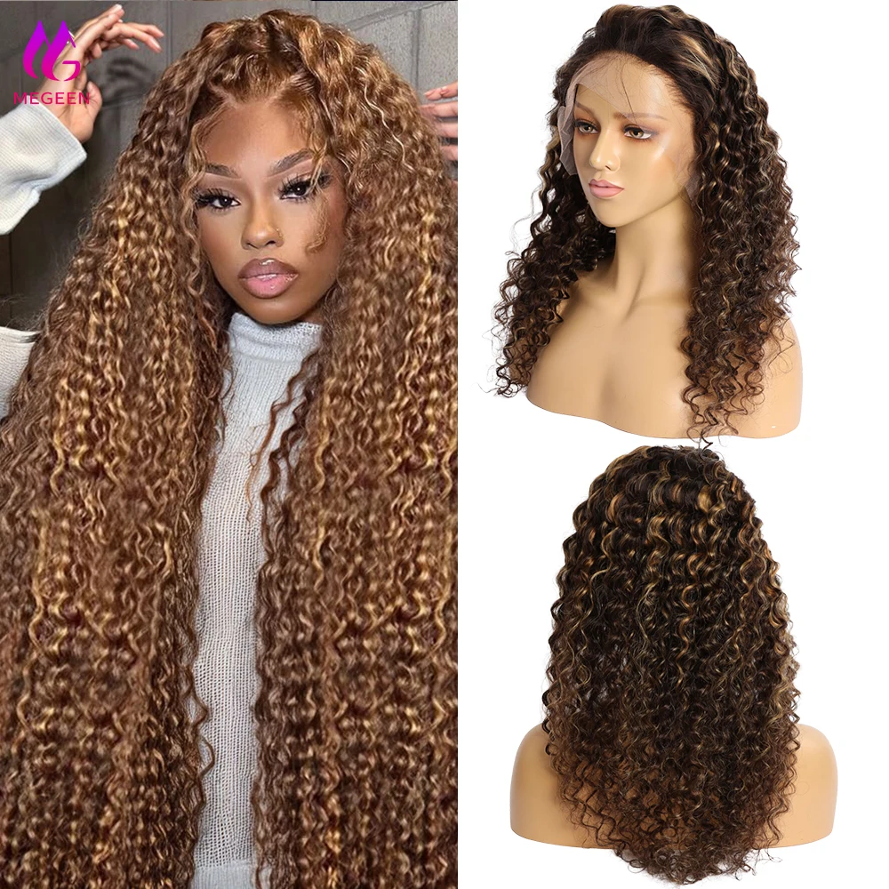 Megeen Curly Lace Front Wig Human Hair With Baby Hair Highlight P4/27 13x4 HD Transparent Deep Wave Lace Frontal Wig Virgin Hair