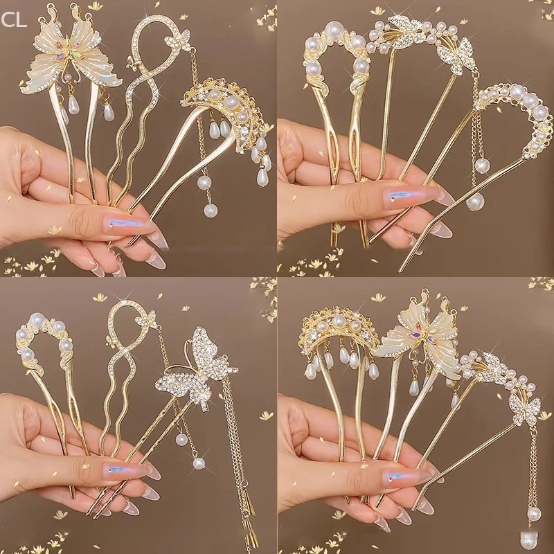 Estilo chinês pérola borla hairpin estilo antigo balançando hairpin para mulheres luz de luxo em forma de u cavalo rosto saia hairpin