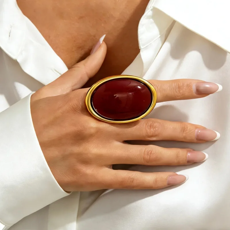 Exaggerate Classic Red Oval Resin Finger Ring for Women Vintage Elegant Geometry Rings Charm Party Accessories Jewelry Gifts