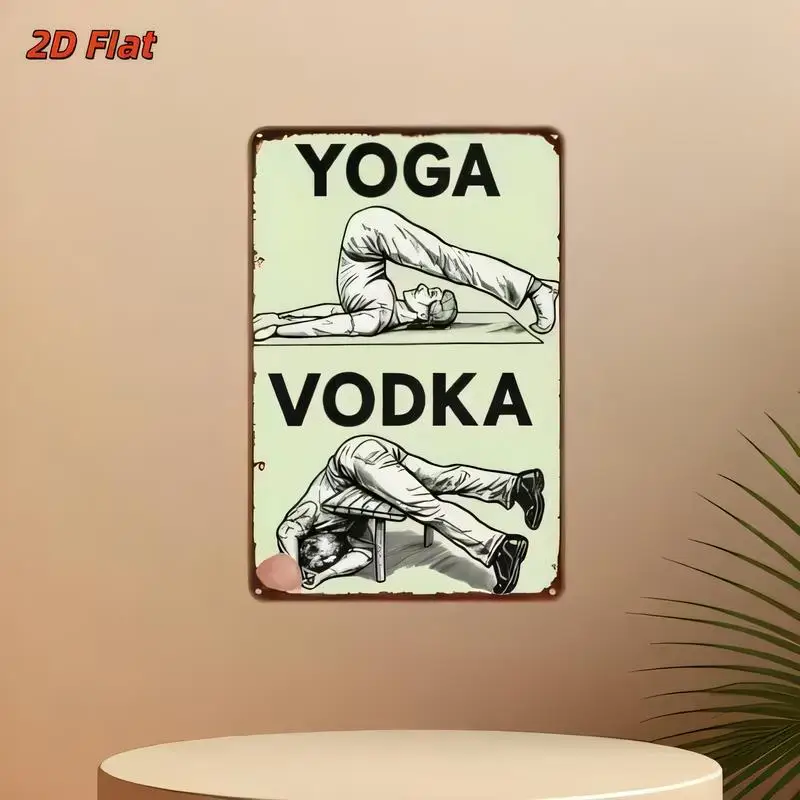 Yoga Vodka Humorous Retro Metal Tin Sign - 20x30cm Iron Wall Art (Black White Illustration), Perfect for Bars/Home Decor, Retro