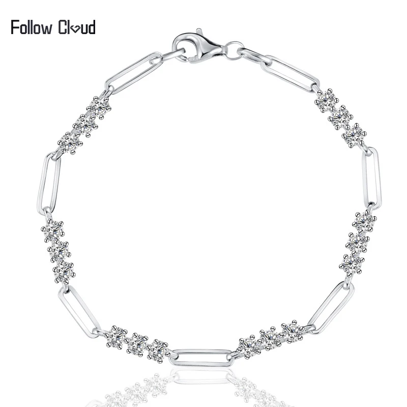 

Follow Cloud 3.0mm Round Cut Paper Clip Moissanite Diamond Bracelets for Women 925 Sterling Silver Hand Chain Fine Jewelry Gift