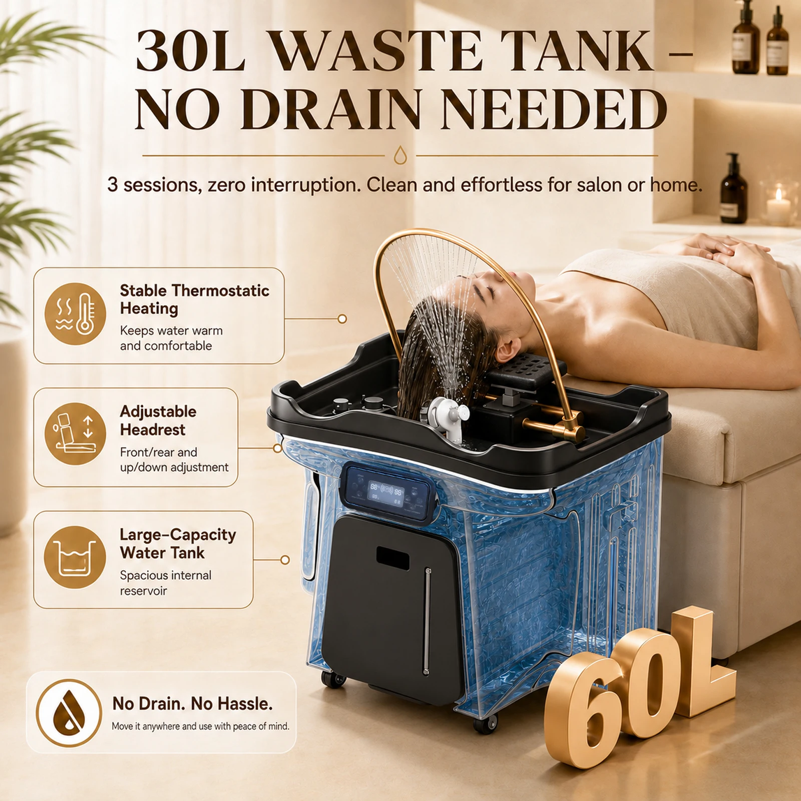 Portable Hair Washing Sink Mobile Shampoo Bowl with 60L Water Tank Thermostatic Heating Circulation Fumigation Head Spa Machine