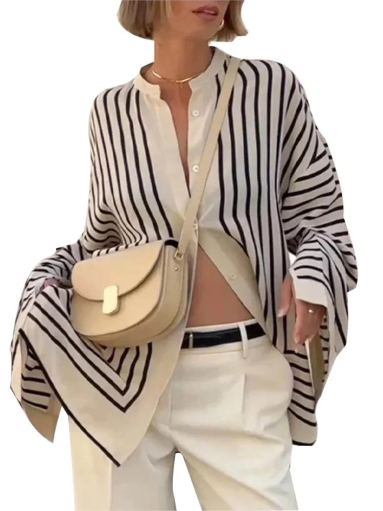 Autumn Woman's Elegance Color Matching Striped Printed Shirt Fashion O-neck Long Sleeves Loose Top Ladies Spring Casual Blouses