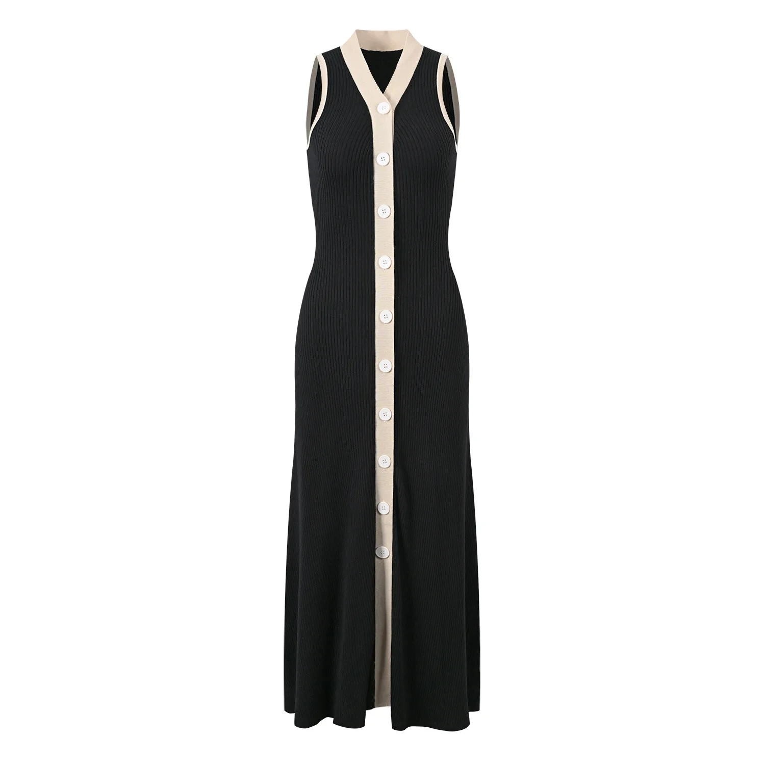 

Sexy V-Neckline Women Knitted Sleeveless Holiday Casual Ladies Colorblock Single-breasted Fashion Sleeveless Long Dresses
