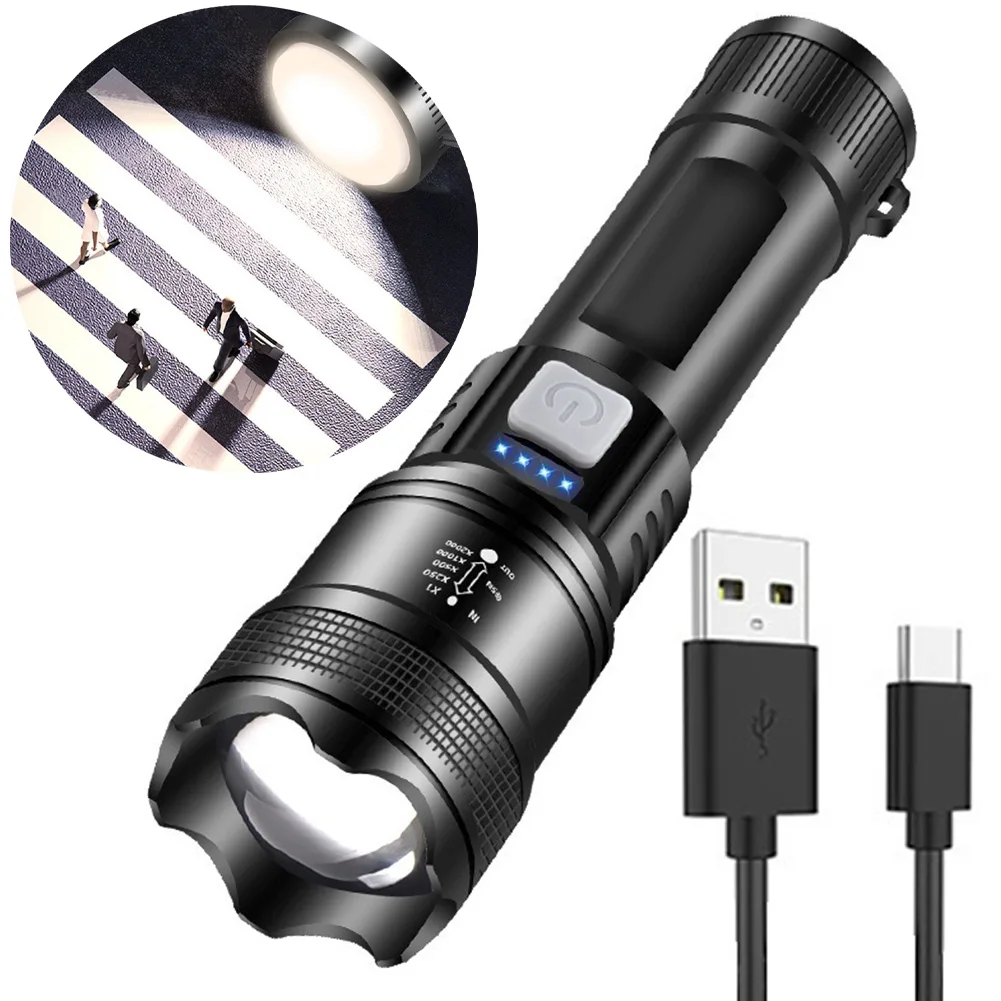 XHP50 High Power Flashlight Power Display Zoomable Flashlight USB Charging 1200mAh Flashlight for Power Outages