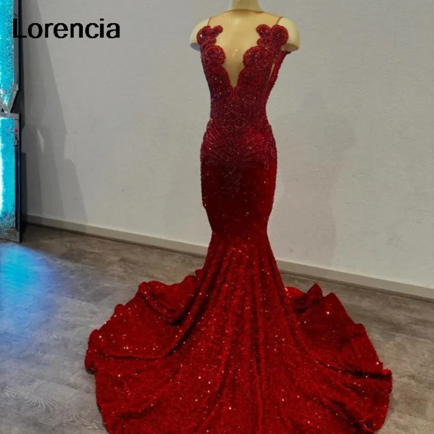 

Lorencia Sparkly Red Long Mermaid Prom Birthday Gala Dress for Black Girl Luxury Diamond Velvet Evening Gown vestidos de YPD200