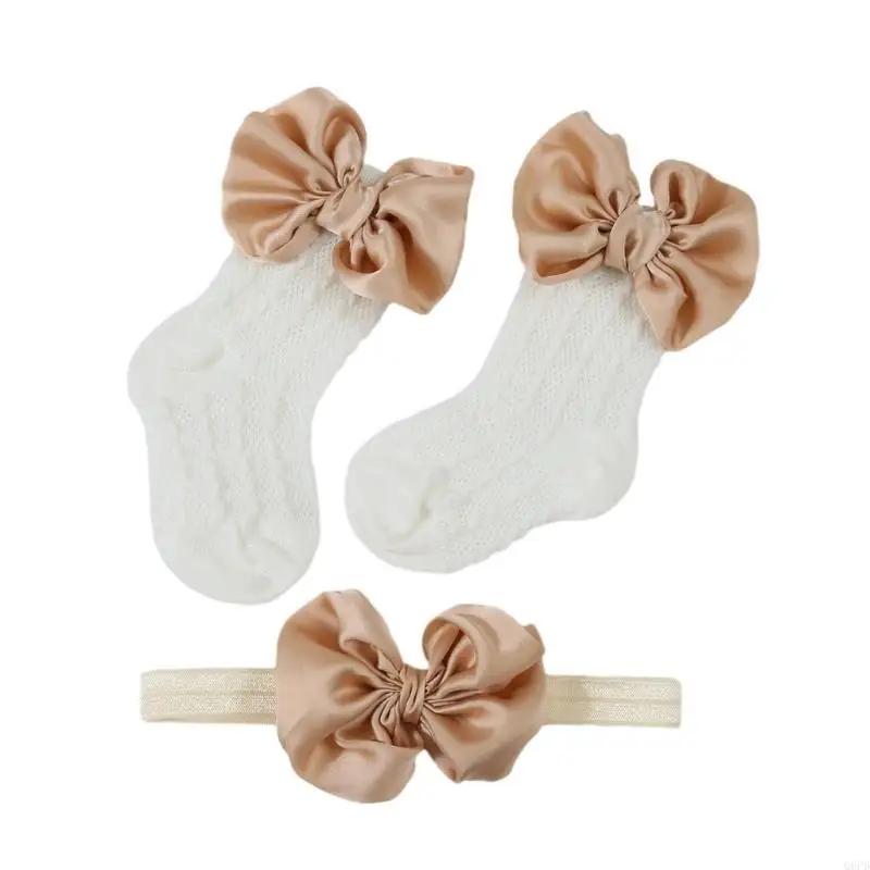 2024 Baby Hollowed Jacquard Knitted Socks Color Big Bowknot Socks or Lovely Girls Headband Fashionable Hairband