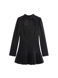 Black dress for women autumn 2024 new style waist slimming French design stand collar pleated short skirt