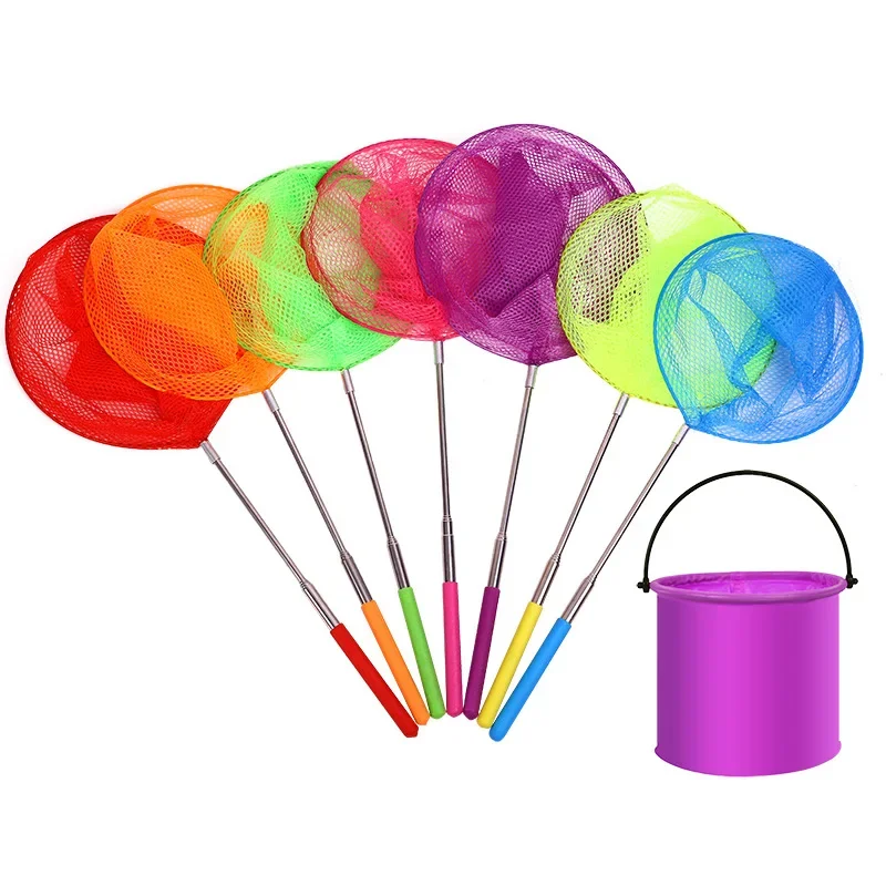 Children's Outdoor Toy Retractable Fishing Net Folding Bucket Catching Butterflies Fishing Seaside Beach Shell Net Bag Fish Toy