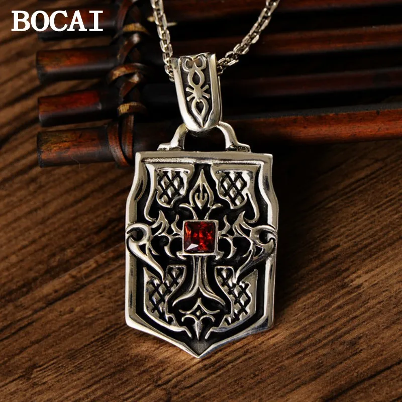 BOCAI New S925 Sterling Silver Vintage Dominant Heavy Tidal Shield Cross Pendant Male Gift