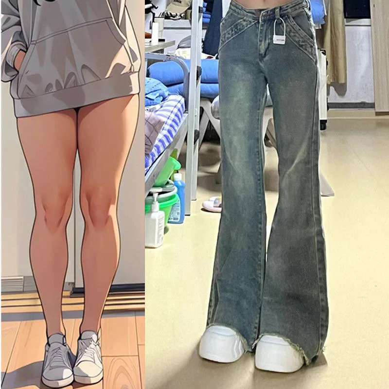 

Vintage Wide Flare Jeans 25 Autumn Winter New High Waist Loose Fit Straight Leg Floor Length Pants