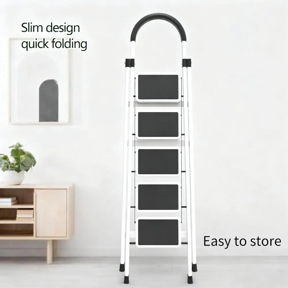 Taburete plegable de aluminio ligero con patadas antideslizantes anchas y mango acolchado para cocina, baño y uso doméstico