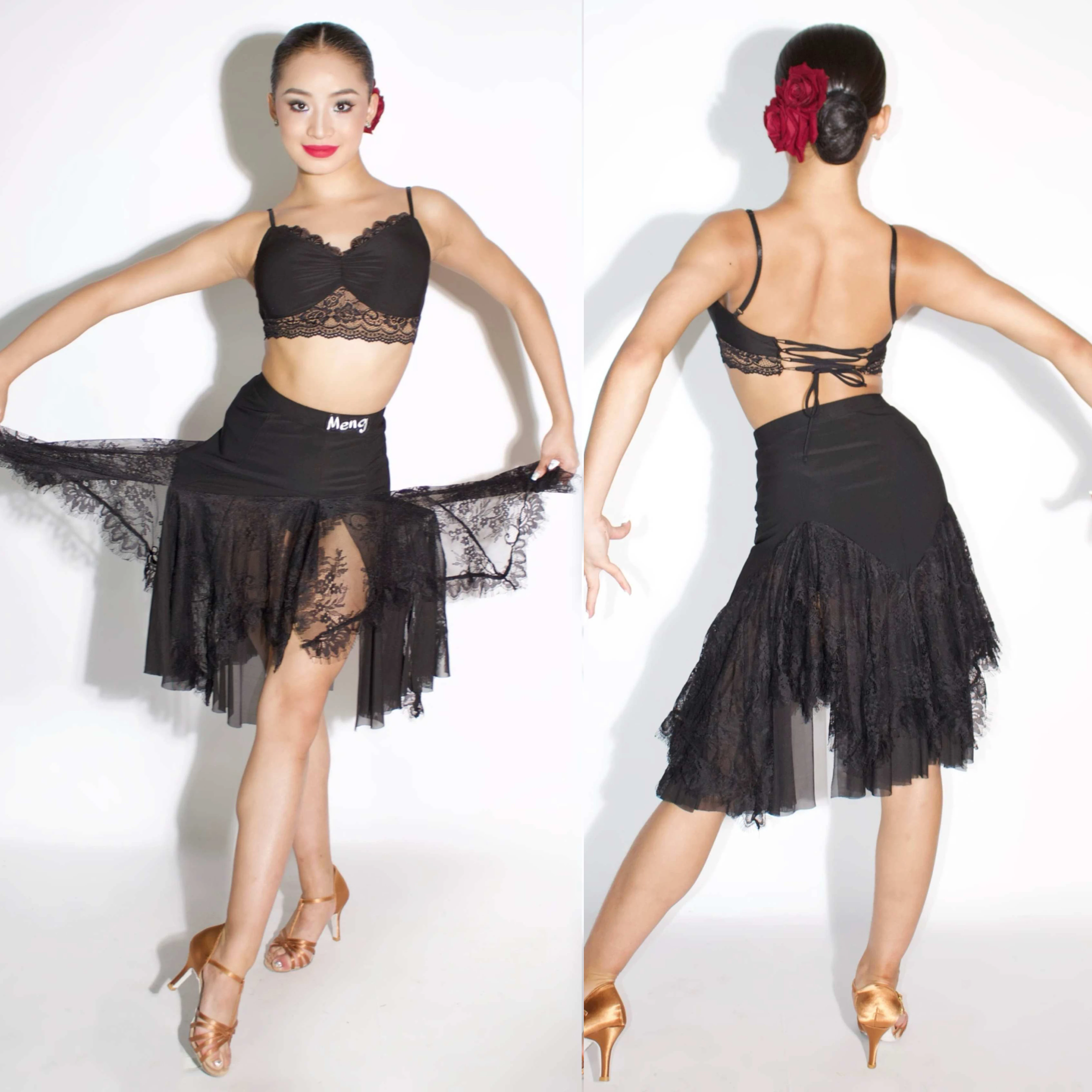 Vêtements de danse latine pour femmes, soutien-gorge en dentelle noire, hauts courts, jupe Sexy pour adultes Rumba Samba Cha Cha, Costume de spectacle de danse 2 pièces DNV24499