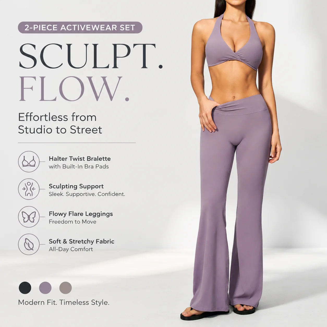 Non-Slip Halter Deep V Workout Set with Squat-Proof Flare Trousers High-Rise Anti-Roll Waistband Supportive Twist-Front Bra & Y2