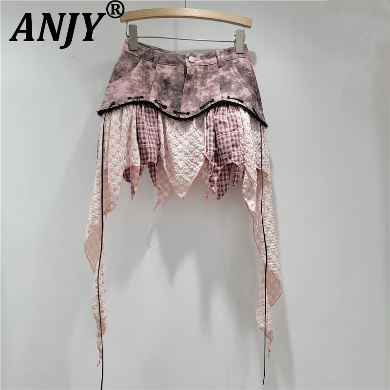 

ANJY Summer New Women's Sweet Streetwear Y2K Stylish Contarst Color Denim Patchwork Irregular Plaid Sexy Chic Short Skirts A8132