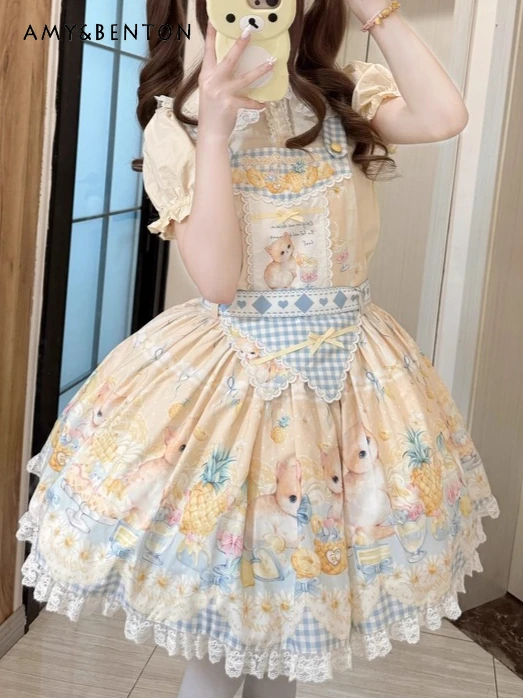 

Sweet Cartoon Cat Print JSK Lolita Strap Dress Daily Versatile Japanese Kawaii Bow Slim Puff Dresses Birthday Dress for Women