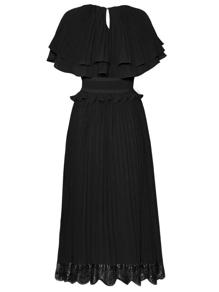 2025 verão moda crewneck manto em camadas babados plissado renda costura estilo princesa vestidos longos femininos