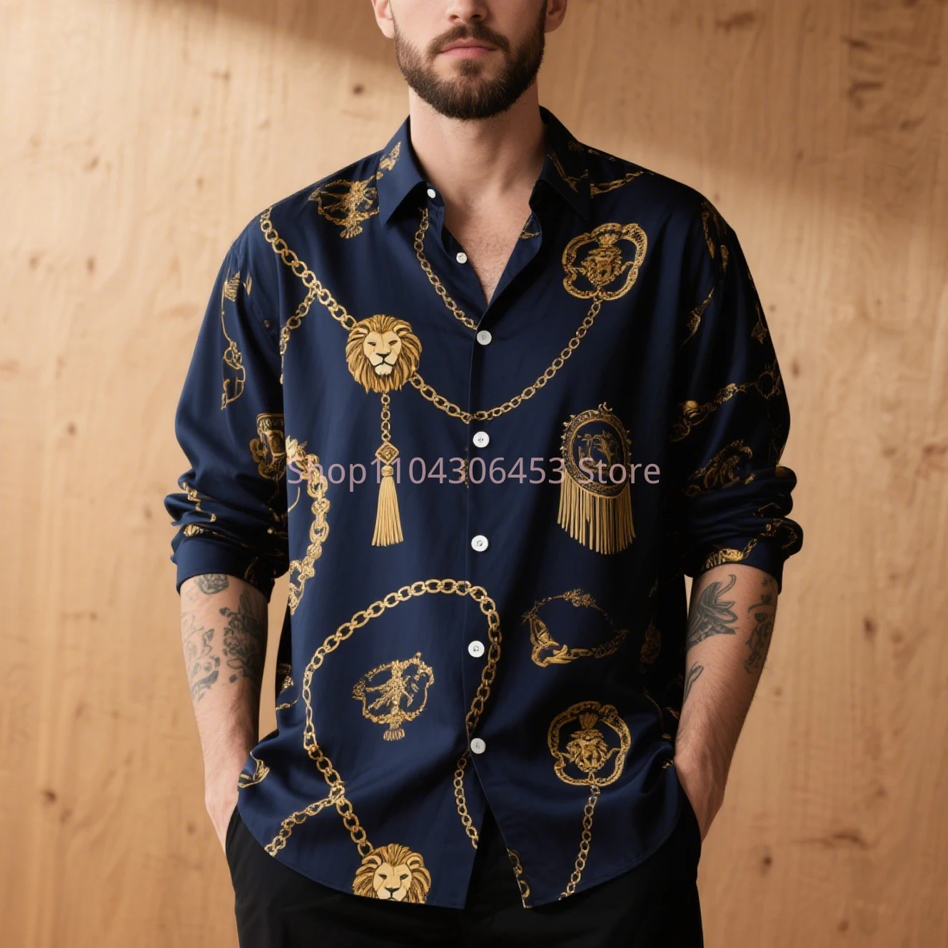 Men's Lion Chain Chain 3D Print Shirt Solid Color Long Sleeve Lapel Retro Business Casual Shirt Hawaii Beach Vacation Wholesale