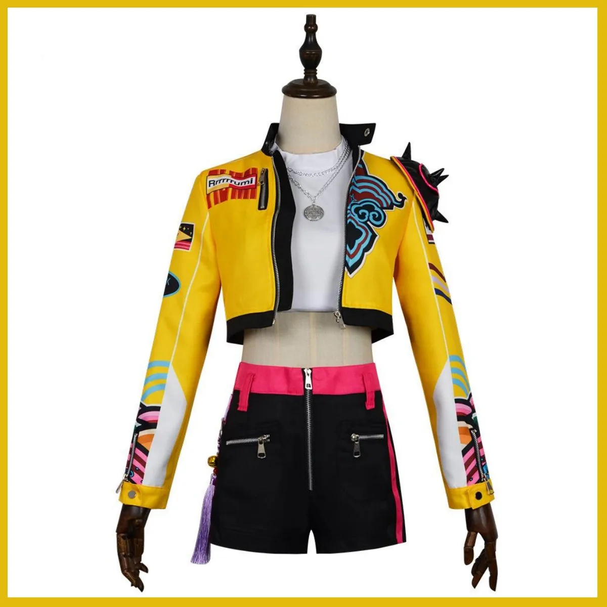 2025 Nuovo Anime Rumi Costume Cosplay Cacciatori Abbigliamento di scena Cappotto giallo Pantaloncini Parrucca uniforme Donna Carnevale sexy Vestito di Halloween