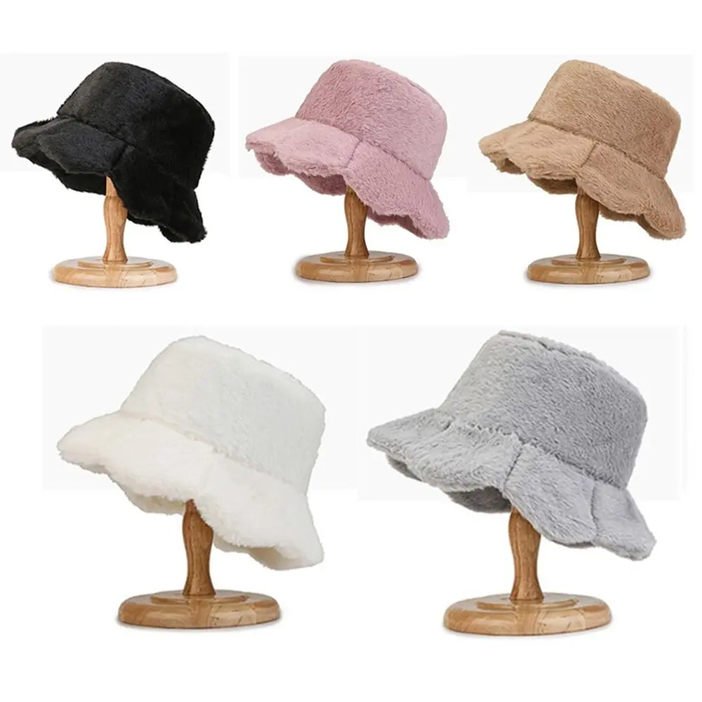 Girls Autumn Winter Plush Solid Color Fisherman Cap Bucket Hat