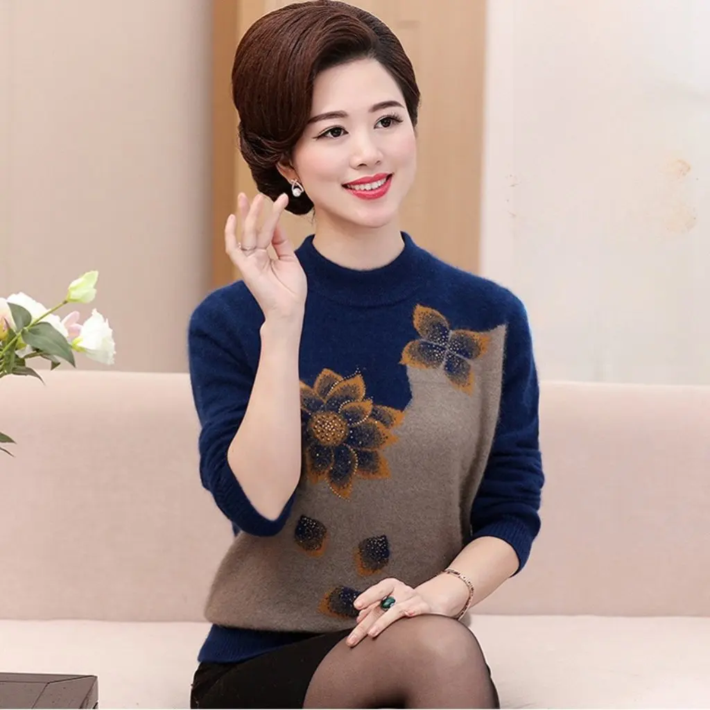 

Women's plus Size Fleece-Lined Thick Sweater Base Shirt for Autumn Winter Coat Grandma Sweater for Middle-Aged Mothers