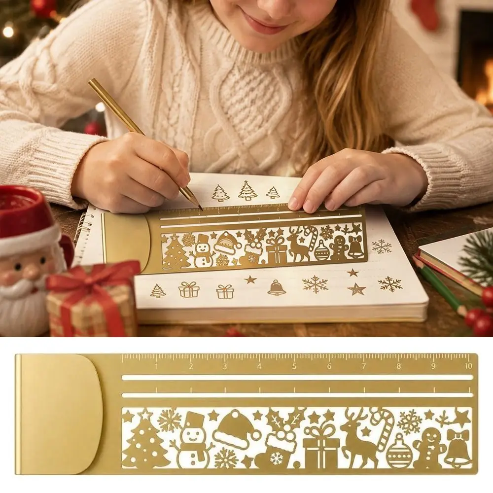 Portable Brass Bookmark Ruler Cute Patterns Hollow Stencil Straight Ruler Multi-functional Drawing Template Ruler Kids Students