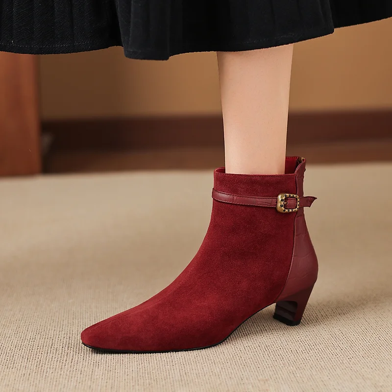 2026 new autumn winter women ankle boots natural leather 22-25cm sheep suede+cowhide+pigskin/plush buckle women short boots