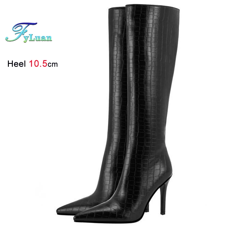 الخريف الشتاء الأسود المرأة حذاء برقبة للركبة حذاء برقبة للركبة رقيقة عالية الكعب 10.5 سنتيمتر أشار تو سيدة أحذية طويلة الأحذية حجم 36-43