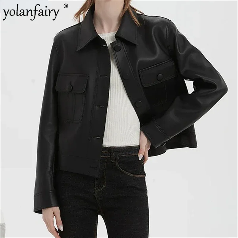 YOLANFAIRY Autumn Popular Genuine Leather Jacket Women Sheepskin High-end Polo Collar Tops 2025 Slim Classic Short Blazer Coat