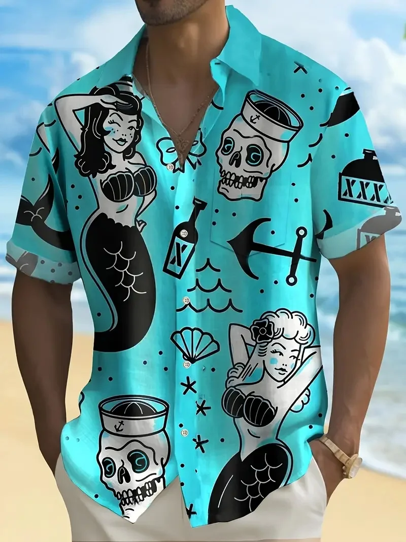 Men's Shirt Tops, Cute Graffiti Print, Lapel Bowling Shirt Short Sleeve Casual Summer Hawaiian Shirt Single Breasted Shirt Daily